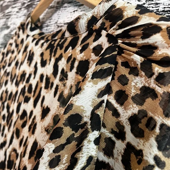 EUC [Guess] Sheer Leopard Top | Smocked Button Down Shirt Cheetah Blouse | Small - Picture 11 of 14